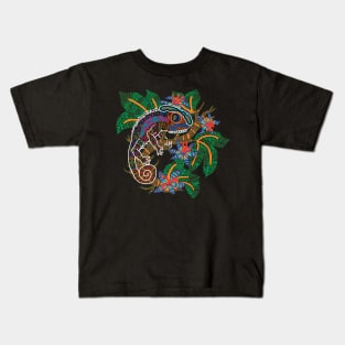 PSYCHEDELIC TRIPPY HORROR VACUI ANIMAL CHAMELEON ON BRANCH - full colour Kids T-Shirt